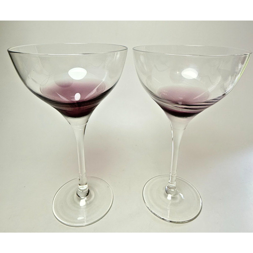 Qualia 2 Topaz Martini Wine Glasses Clear Purple Swirl Mouth Blown Amethyst Bar